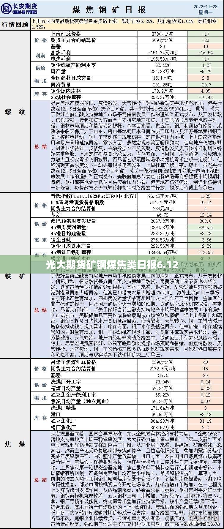光大期货矿钢煤焦类日报6.12